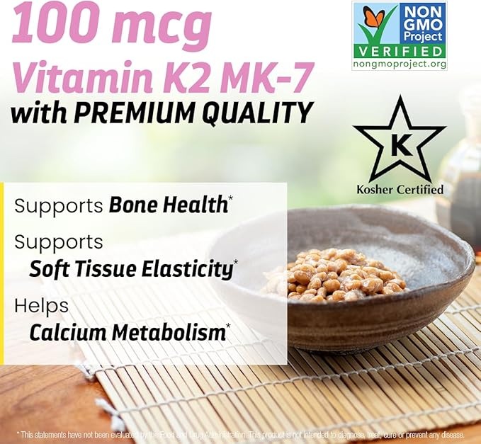 Vitamin K2 D3-100mcg of Vitamin K2 (as MK-7) and 125mg (5,000iu) of Vitamin D3, K2 D3 Vitamin Supplement Supports Healthy Bones and Circulation, Vitamin D3 K2 120 Capsules