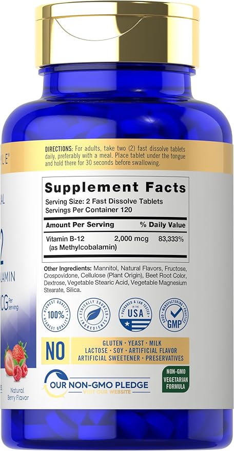 Carlyle B12 Vitamin 2000 mcg | 240 Fast Dissolve Tablets | Sublingual Methylcobalamin | Berry Flavor | Vegetarian, Non-GMO & Gluten Free Supplement