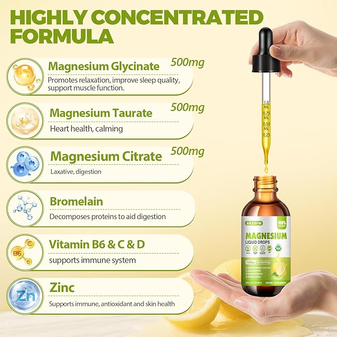 Magnesium Glycinate Liquid 2 Pack - 1500mg Maximized Absorption Magnesium Complex Supplement to Support Stress Relief, Night, Heart Health, Nerves and Muscles - Lemon Flavor