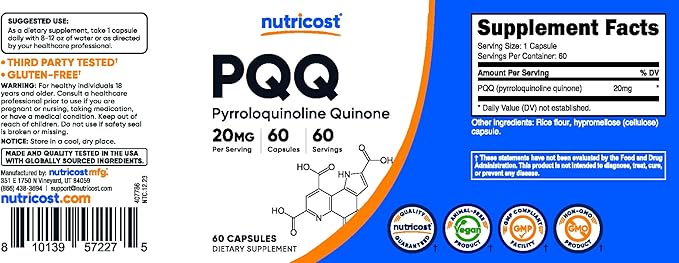 Nutricost PQQ (Pyrroloquinoline Quinone) 20mg, 60 Capsules - Vegetarian Capsules, Non-GMO, Gluten Free