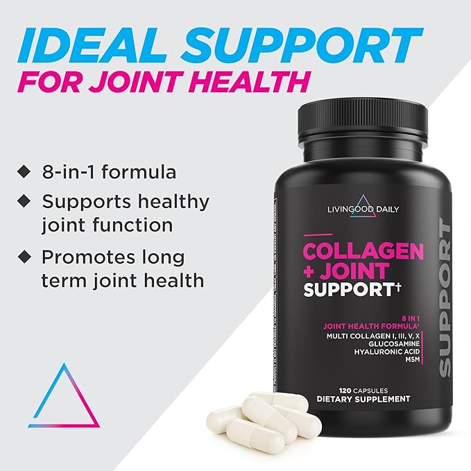 Livingood Daily Collagen Plus Joint Support - Grass-Fed Multi Collagen Peptides, Hyaluronic Acid, & MSM for Healthy Hair, Skin & Nails - Flexibility & Mobility - Keto, Gluten Free - 120 Capsules