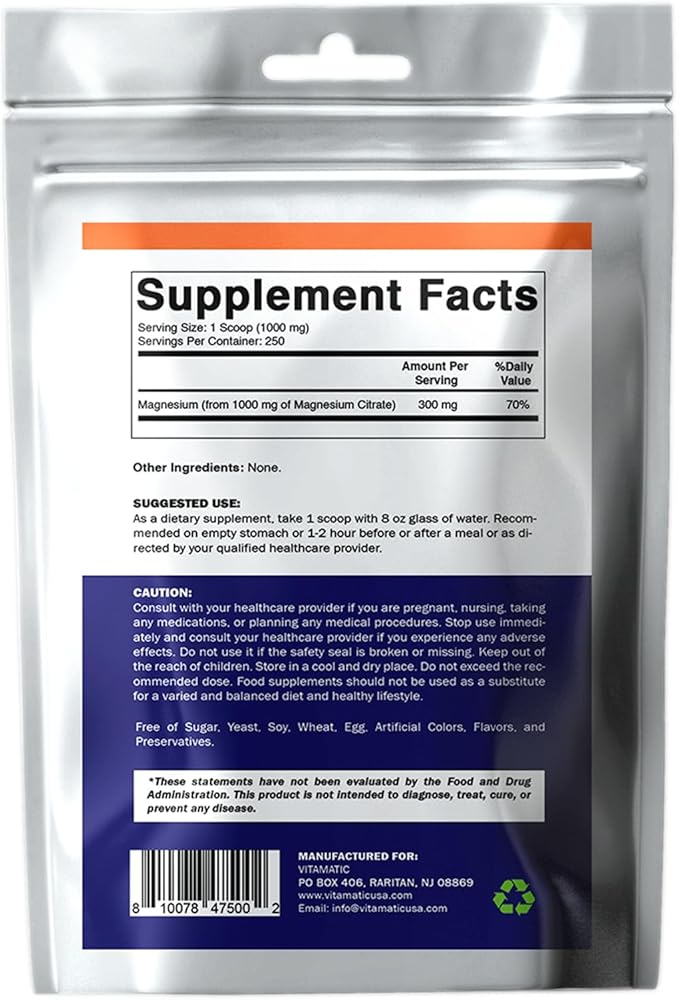 Vitamatic Magnesium Citrate 1000mg per Serving Supports Muscle, Joint, and Heart Health 250 Grams - 250 Servings