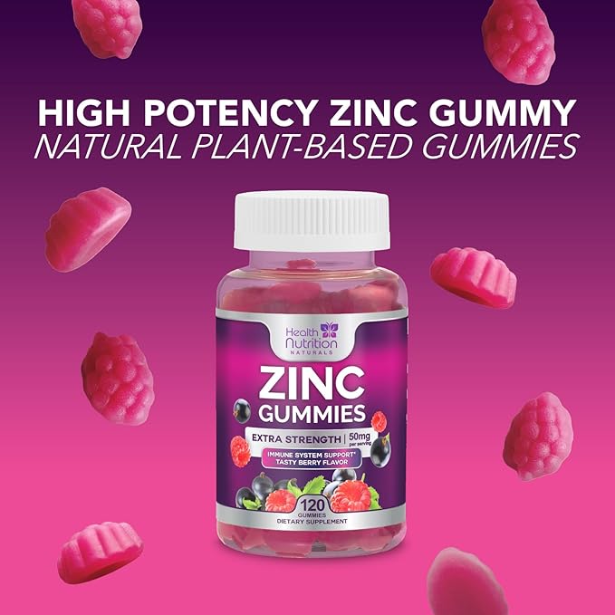 Zinc Gummy for Adults 50mg, Max Strength Bone, Skin Health & Immune Support Gummies, Vegan, Non-GMO & Gluten Free, Immune Health Support, Nature’s Antioxidant Chewable Zinc Vitamins - 120 Gummies