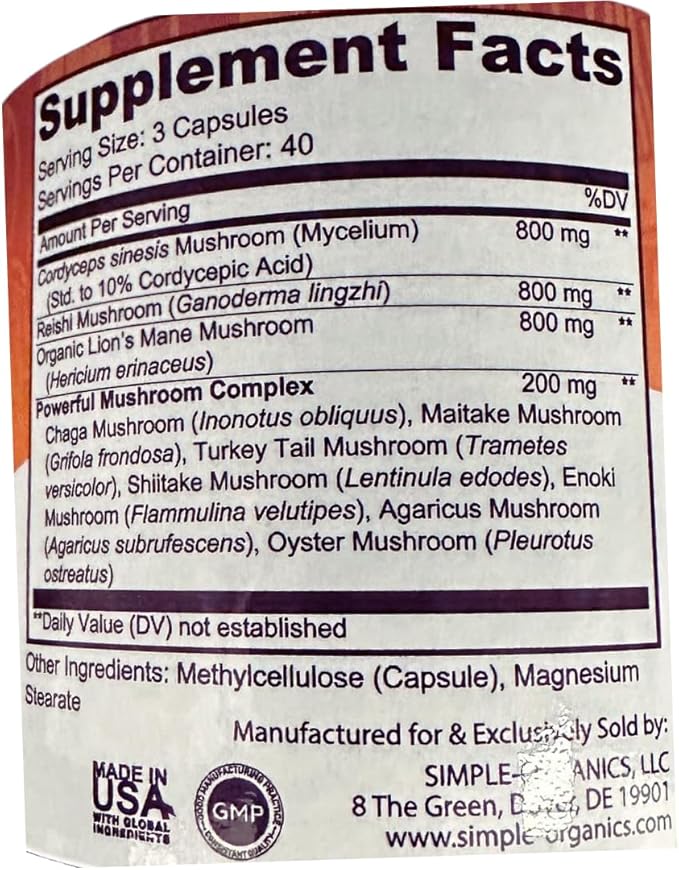 Mushroom Complex, 10 Mushroom Blend for Energy and Immune Support, 2600mg per Serving, 120 Vegan Capsules