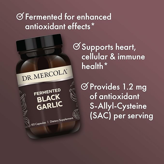 Dr. Mercola Fermented Black Garlic - Antioxidant Supplement - for Immune, Cellular & Heart Health Support - Includes S-Allyl-Cysteine - Non-GMO, Gluten-Free & Soy-Free - 60 Capsules (30 Servings)