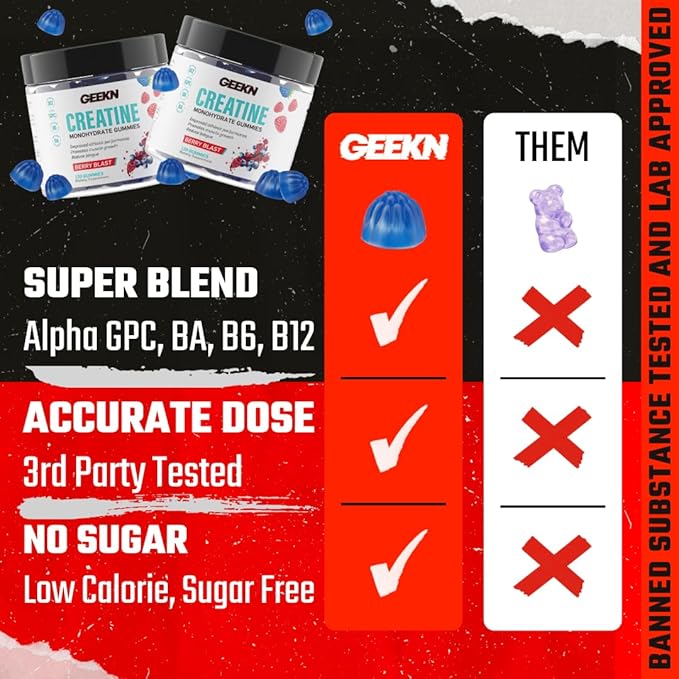 Creatine Monohydrate Gummies - 6G Serving - Creatine Monohydrate, Alpha GPC, Betaine Anhydrous, B12, B6 - No Sugar - Berry Blast - 120 Gummies