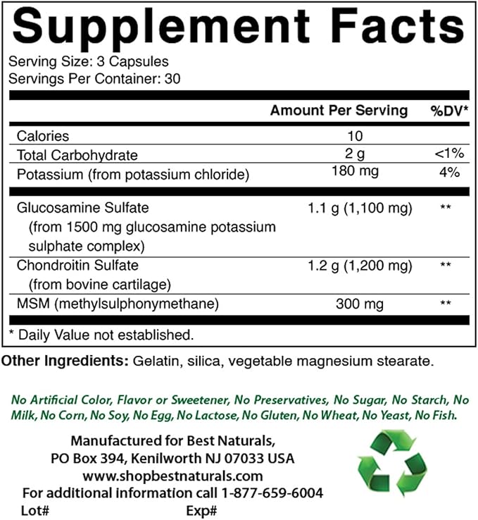 Best Naturals, Glucosamine Chondroitin MSM Supplements, 2600 mg per Serving, 90 Capsules (90 Count (Pack of 3))
