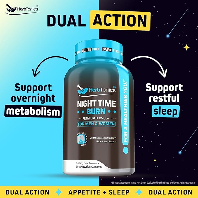 Herbtonics Night Time Weight Supplement & Sleep Aid β Dual-Action Metabolism & Appetite Support | Melatonin, L-Theanine, Lemon Balm, Green Tea Extract | GLP-1 Support | 60 Vegan Capsules