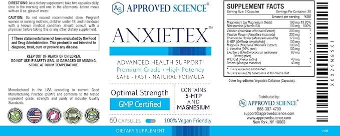 Approved Science Anxietex - Calm and Relaxation - L-Theanine and Magnesium - 60 Capsules - Vegan Friendly - 6 Month Supply