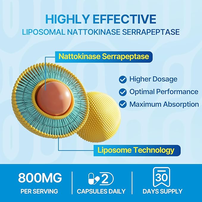 Liposomal Nattokinase 12,000 FU Serrapeptase 360,000 SPU Enzyme Supplement - Enriched with Synergistic Enzymes and Nutrient Blend & Inulin for Circulatory, Gut, Digestion 60 Capsules (2 Bottle)