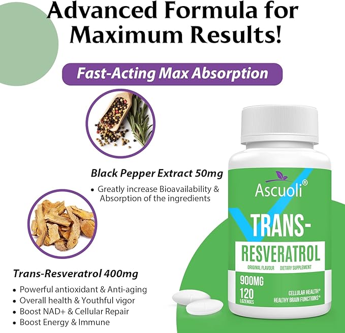 Sublingual Trans-Resveratrol Purity 99%, 3-in-1 Advanced Formula Resveratrol Supplement for Boost NAD+, Immune & Energy Support, Anti-Aging, Skin Health & Antioxidant, 240 Lozenge (240-Day Supply)