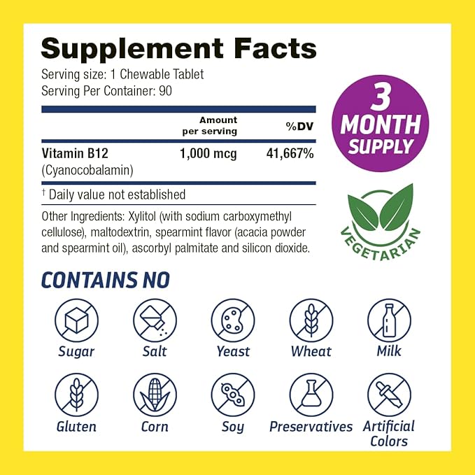 Vitamin B12 1000 Mcg, B12 Vitamins 1000 Mcg Help to Increase Metabolism, Energy Production and Nervous System Support, 90 Chewable Tablets - 1 Tablet Per Serving, Non-GMO & Gluten Free