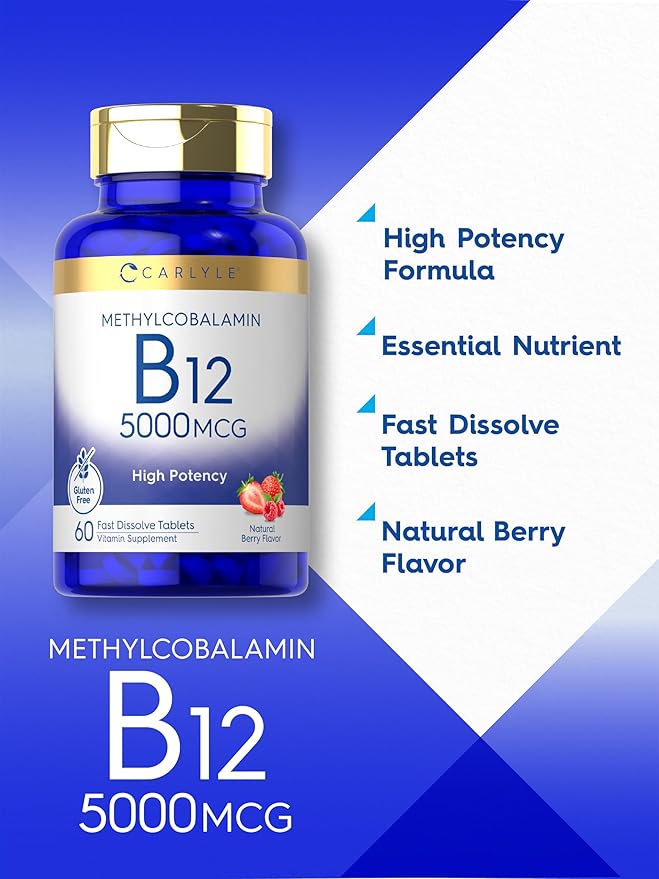 Carlyle Methylcobalamin Vitamin B12 5000mcg | 60 Fast Dissolve Tablets | for Adults | Vegetarian, Non-GMO & Gluten Free Supplement