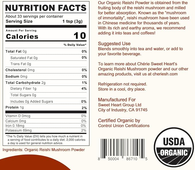 Cherie Sweet Heart Organic Reishi Mushroom Powder, 3.5 Oz, Immune Boosting, Coffee Enhancer (Packaging May Vary)