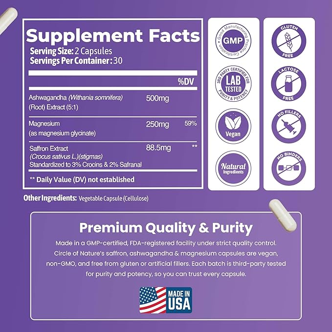 Saffron Supplement 88.5 mg Extract with Ashwagandha & Magnesium – Support Mood Enhacement, Eye Health & Relaxation – 60 Clean Capsules, Made in USA