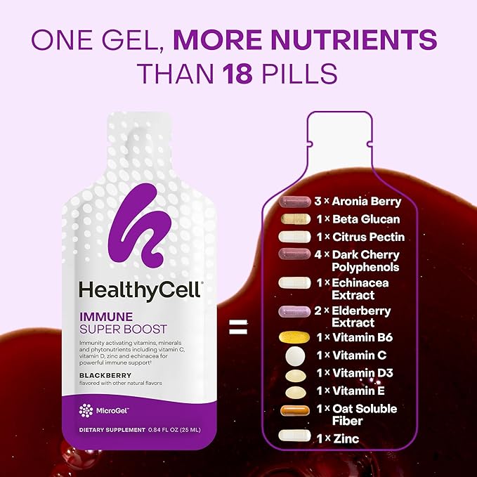 Healthycell Immune Super Boost Daily Liquid Supplement - Immune Support Supplement for Adults with Echinacea, Elderberry, Vitamin C, Vitamin D, Calcium & Zinc - 30 Gel Packs