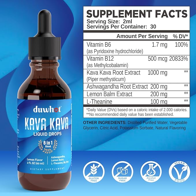 Kava Kava Extract Liquid Drops with Ashwagandha Lemon Balm L-Theanine, High Potency Kava Root Extract Tincture Supplement for Relaxation, 2 Fl Oz
