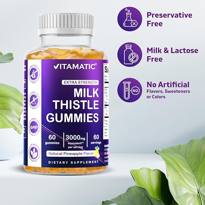 Vitamatic 2 Pack Milk Thistle Gummies- 10000 mg Equivalent Per Serving (from 50:1 Extract 200 mg)- Liver Detox & Anti Oxidant Health - Min. 80% Silymarin Flavonoids - 60 Pectin Based Gummies