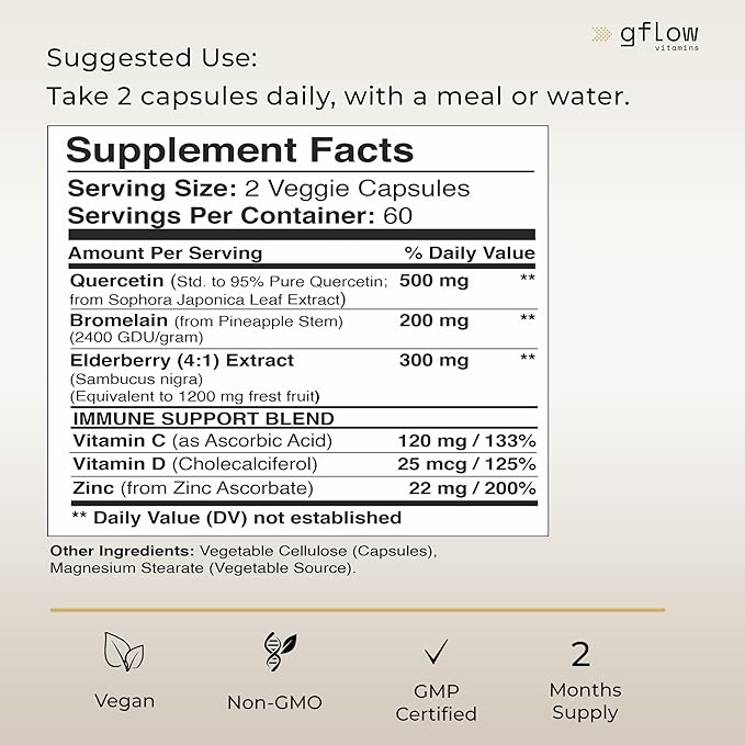 Quercetin with Vitamin C and Zinc - 500mg - Quercetin with Bromelain - Zinc Quercetin - 120 Veggie Caps - Elderberry with zinc and Vitamin c for Adults (Non-GMO, Vegan) 4 Months Supply