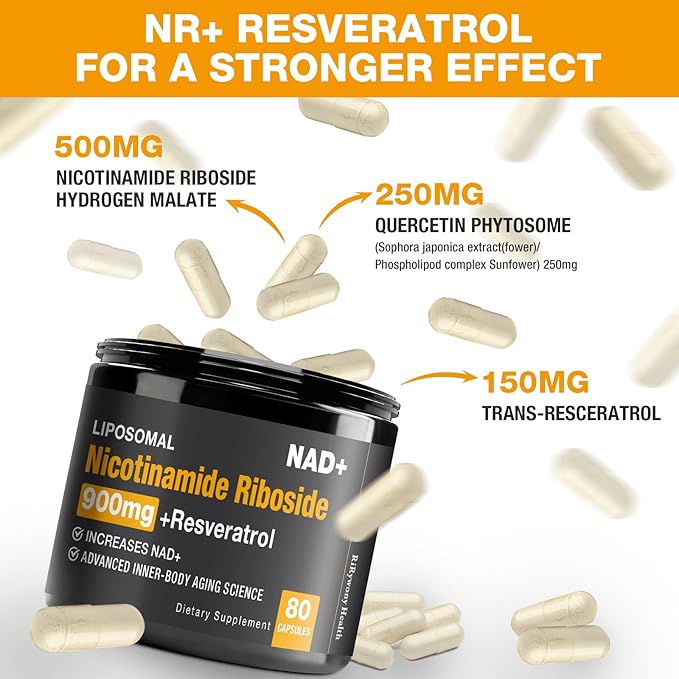NAD Supplement - NAD+ with Nicotinamide Riboside (NR) and Resveratrol Quercetin 900mg Pure Organic NAD Plus for Cellular Repair Healthy Aging Brain Function, 80 Capsules