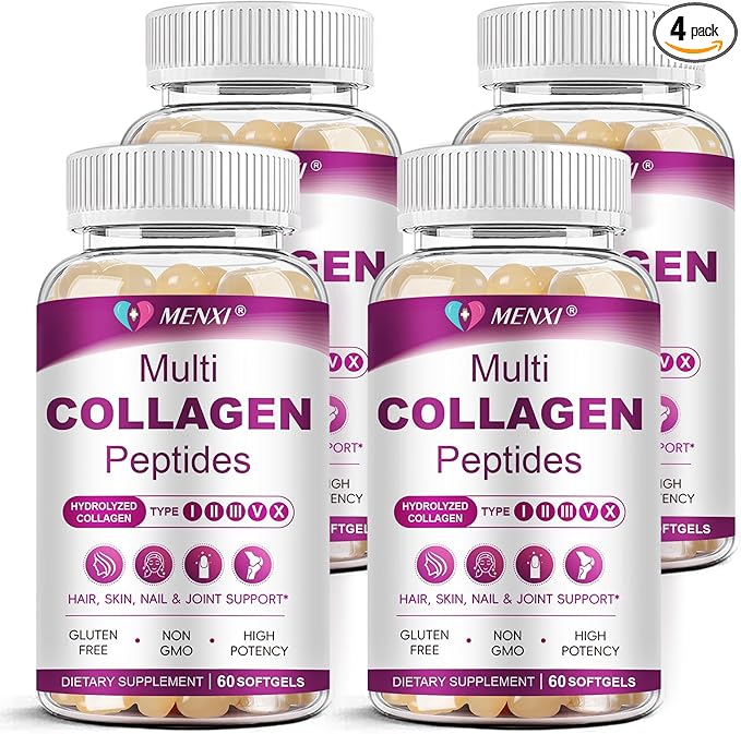 Multi Collagen Peptides Softgel for Women & Men - Type I, II, III, V, X - Hydrolyzed Collagen Peptides with Biotin, Vitamin C & Hyaluronic Acid - Support Skin Hair Nail & Joint - Non GMO, 240 Softgel