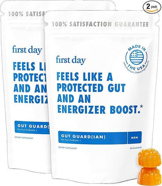 FIRST DAY Men’s Gut Guardian Tribiotic Gummies – 3-in-1 Prebiotic, Probiotic & Postbiotic Supplement – Supports Digestive & Oral Health, Immune Function & Energy Levels – 60-Day Supply