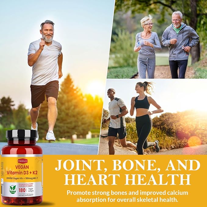180 Days Vegan Vitamin D3+K2 Softgel with Coconut MCT Oil | 2000IU Plant Source Vitamin D3 + 100 mcg Vitamin K2 MK-7 | for Bone, Muscel, Immune, Teeth & Heart Health | 100% Vegan no-Gelatin