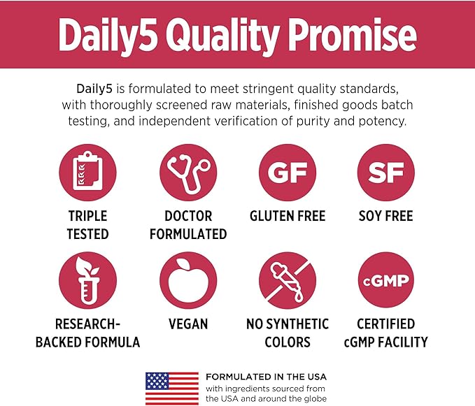 DOCTORS' PREFERRED Daily5 with Must-Have Clinically Validated Ingredients That Cover The Vital Areas for Good Health and Living Younger—Heart, Joints, Circulation, 90 Vegan Capsules