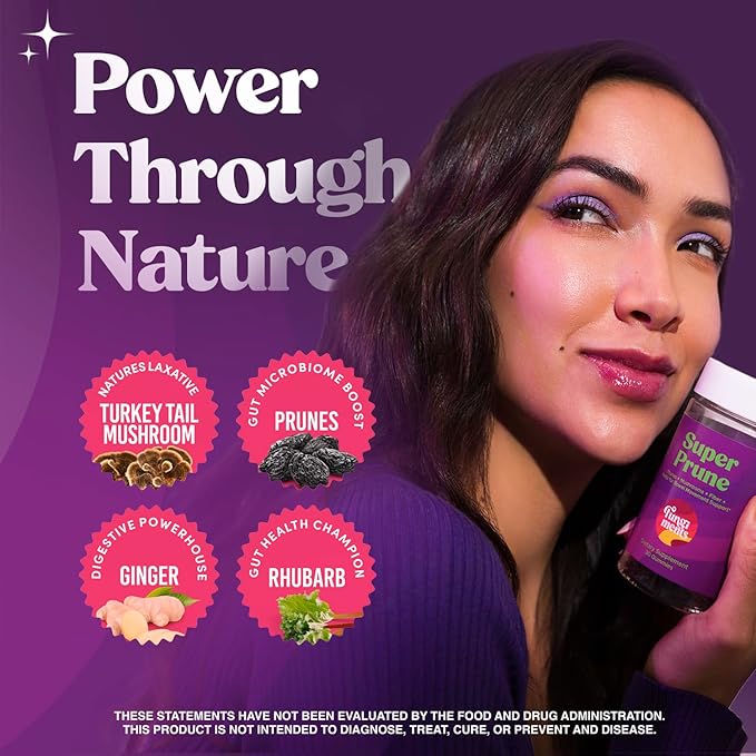 Super Prune Gummies- Gentle Laxative for Debloating and Constipation Relief - Prunes, Turkey Tail Mushrooms, Fiber, Rhubarb, Ginger, Chamomile (30 Mushroom Gummies)