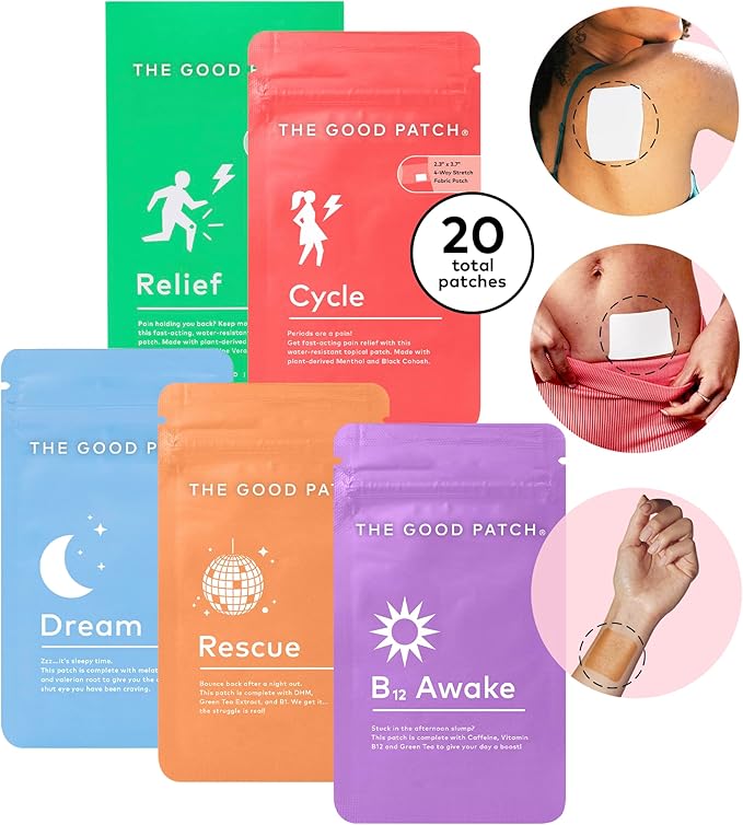 The Good Patch All The Plant Patches Mixed Bundle. Perfect for Life's Untimely, Yet Common Ailments. 5 Varieties: B12 Awake, Dream, Rescue, Cycle, Relief (20 Total Patches)