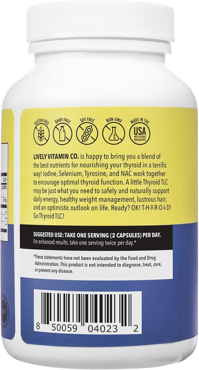 LIVELY VITAMIN CO. Thyroid TLC - 3 Types of Iodine - Improved Thyroid Function & Support - Doctor Formulated - Boost Energy - Hormone Synthesis - Deficiency - Cleanse - Immune Support - 120 Capsules