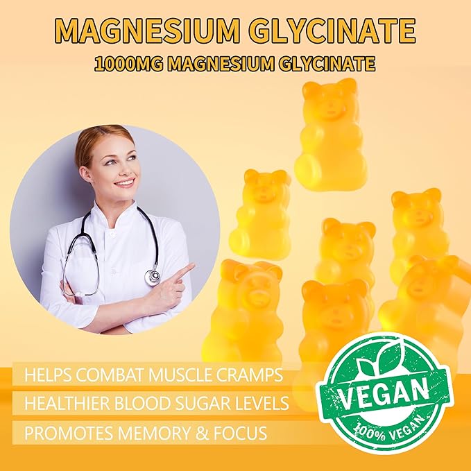 90 CT Magnesium Glycinate Gummies 1000mg - Sugar Free Magnesium Potassium Supplement with Vitamin D, B6, CoQ10 for Calm Mood & Sleep Support - 90 Mango Pineapple Gummies