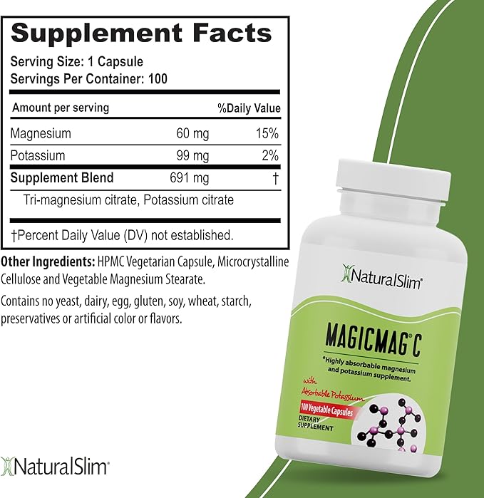 NaturalSlim Potassium Magnesium Supplement 100 Capsules – MagicMag C Magnesium Citrate Supplements for Sleep Support, Heart Health, and Muscle Cramp Relief | Gluten-Free 1 Pack