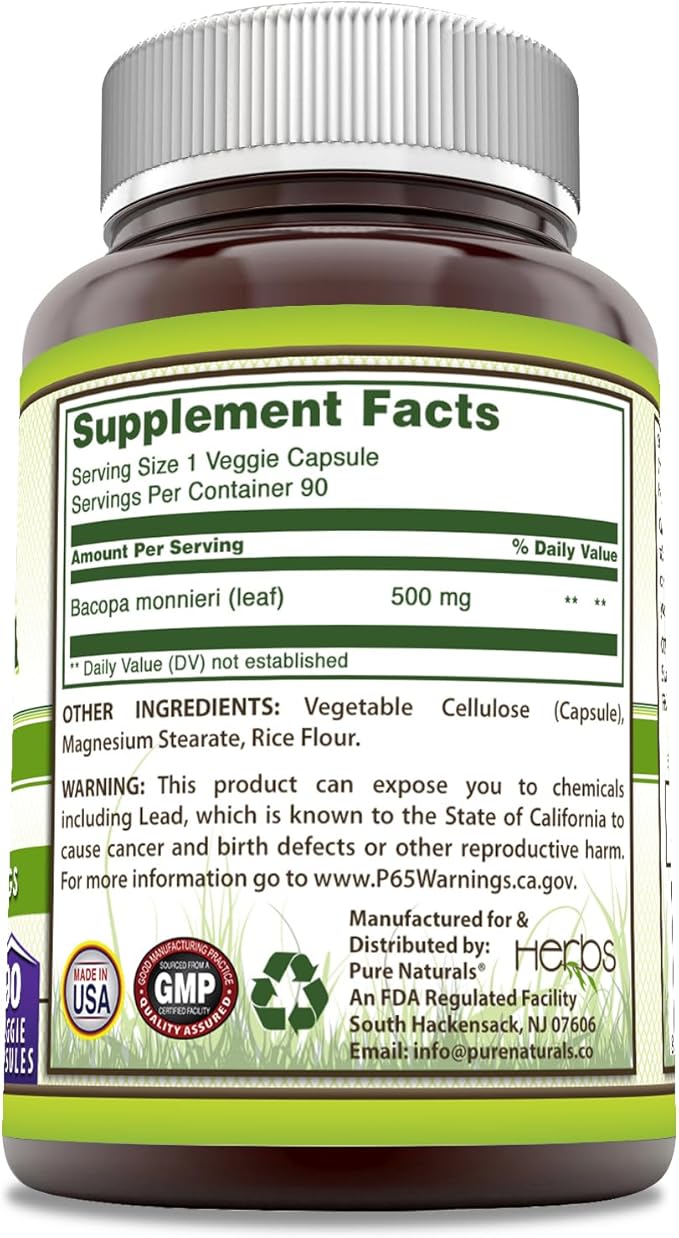 Pure Naturals Bacopa 500 mg 90 Veggie Capsules Supplement | Non-GMO | Gluten Free | Made in USA