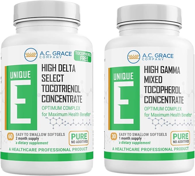 UNIQUE E A.C. Grace Company Mixed Tocopherols Concentrate Softgel 30 Count and Tocotrienols Tocopherol-Free Softgels 60 Count