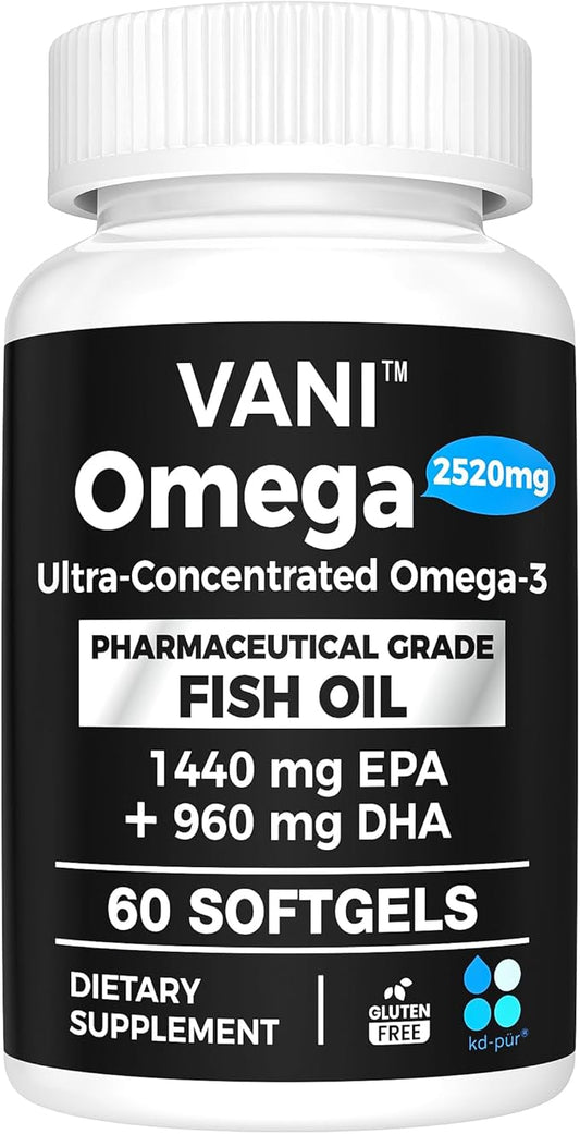 VANI Omega 3 Fish Oil - Pharmaceutical Grade - 2520mg with EPA & DHA, Made in USA with Premium Germany Fish Oil KD-PÜR® - 60 Softgels