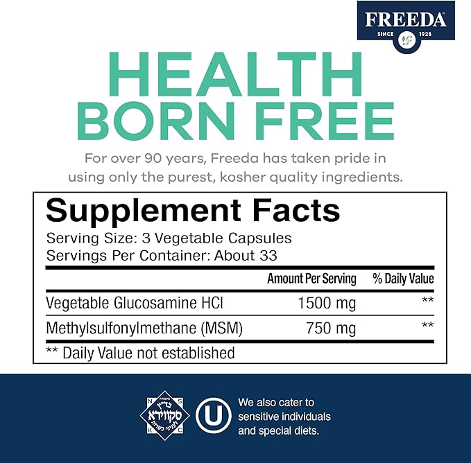 FREEDA Glucosamine MSM – Vegan Joint Flexibility & Mobility Supplement – Vegetarian Glucosamine Without Shellfish – Supports Joint Function – Third-Party Tested – (250 Capsules)