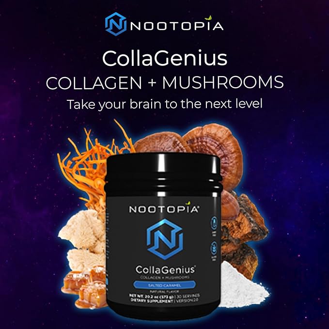 Collagenius v 2.0 - Blended Powder of 4 Mushrooms, Collagen & Superfoods - Brain Supplement Supports Focus, Memory, Hair, Skin - Salted Caramel 15 Servings