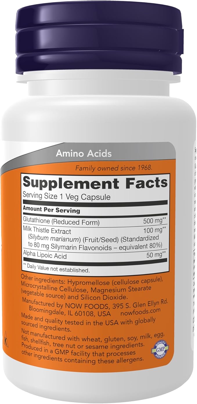 NOW Foods Supplements, Glutathione 500 mg, With Milk Thistle Extract & Alpha Lipoic Acid, Free Radical Neutralizer*, 30 Veg Capsules