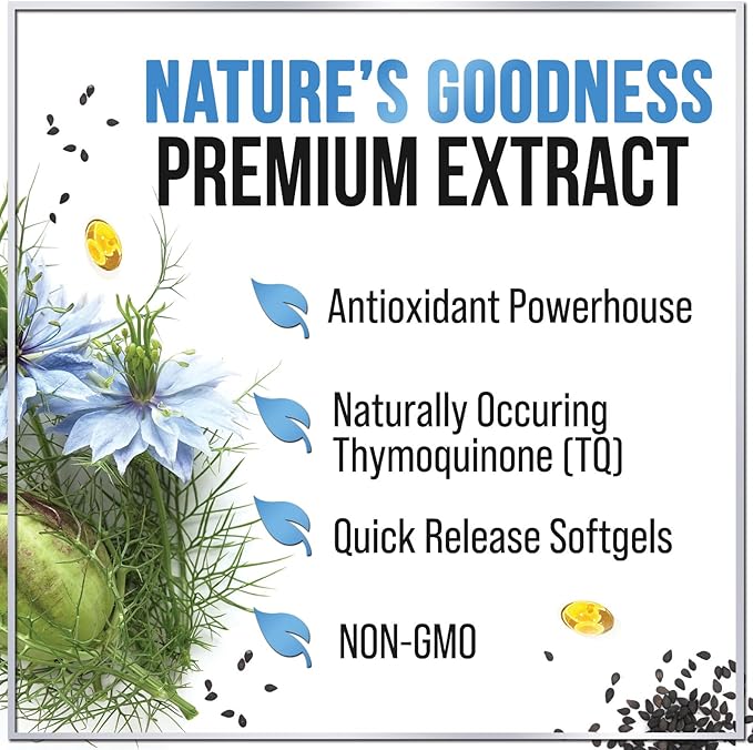 Premium Blackseed Oil 1000mg - Pure Nigella Sativa Black Seed with Thymoquinone (Non-GMO & Vegan) for Skin & Immune Support, Best Extraction Above Cold Pressed, Black Cumin Seed Oil - 120 Softgels