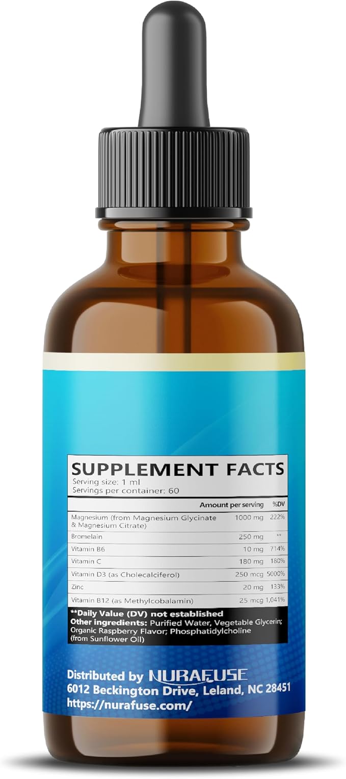 Liposomal Magnesium Glycinate, Magnesium Citrate, Vitamin D3, Vitamin B12 Liquid Drops – Ultra Potent, Raspberry Taste, USA Made & Lab Tested – 2 FL OZ (60ml)