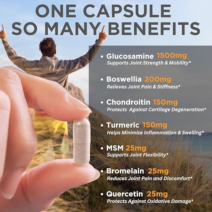 Glucosamine Chondroitin MSM Turmeric - Clear Maximum Joint Support, Healthy Cartilage Growth, Joint Flexibility Mobility, Bone Health - 2,075mg with Boswellia Quercetin Bromelain - 90 Capsules