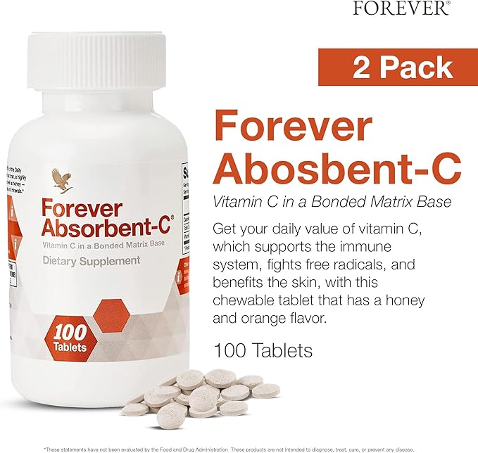Forever Living - Absorbent-C - Orange, Honey Flavor with Oat Bran - Vitamin C for Immune Support and Skin Health - 100 Chewable Tablets (Pack of 2)