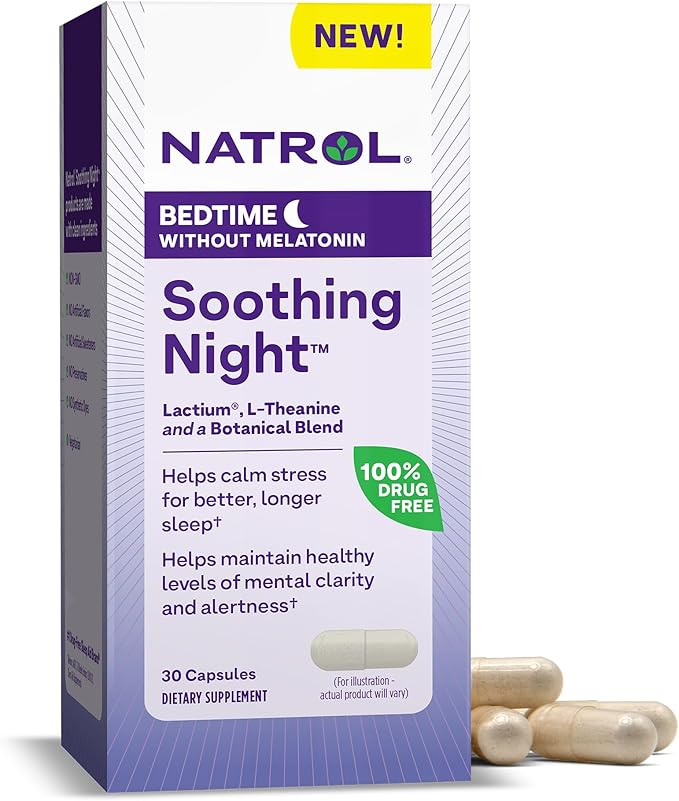 Natrol Soothing Night With Lactium, L-Theanine & a Botanical Blend, Dietary Supplement for Bedtime Without Melatonin to Calm Stress and Support Sleep, Clarity & Alertness, 30 Capsules, 30 Day Supply