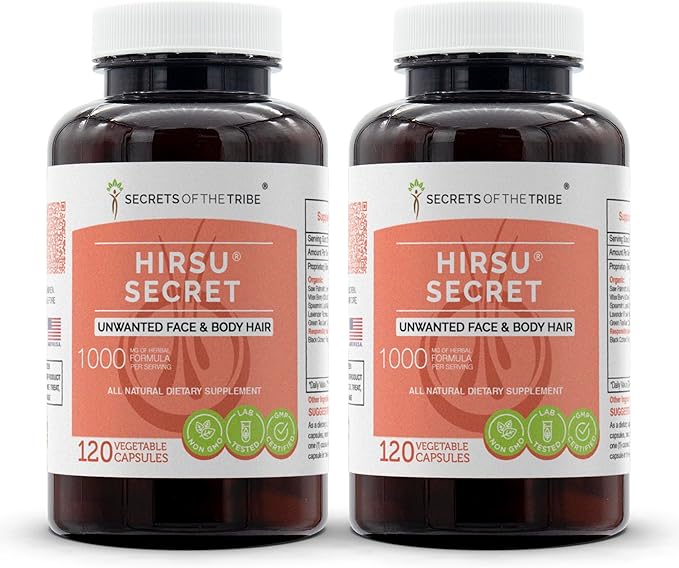 Hirsu Secret 120 Capsules(2 pcs.), 1000 mg, Saw Palmetto, Black Cohosh, Vitex, Spearmint, Lavender, Green Tea. Unwanted Face & Body Hair (2x120 Capsules)