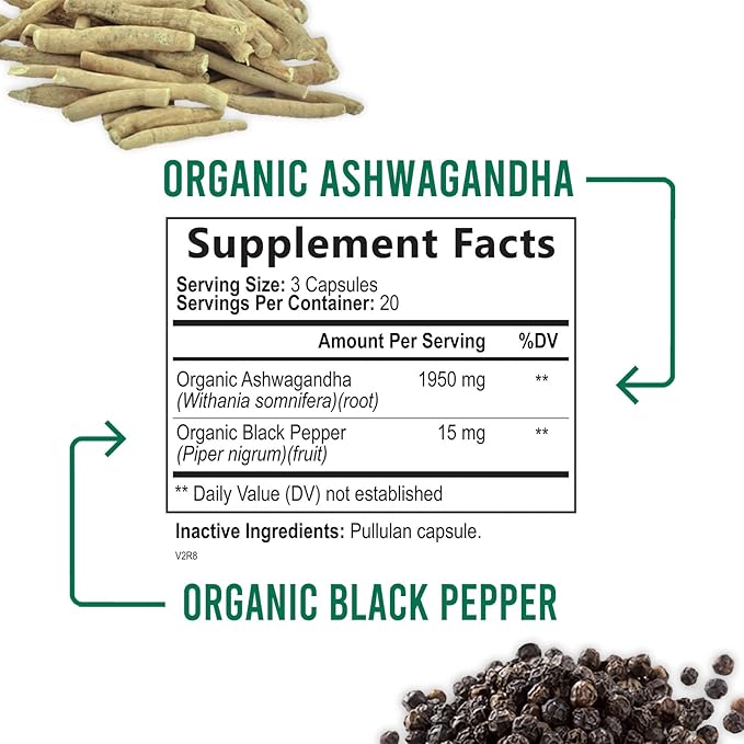 Organic Ashwagandha 1,950 mg - Extra Strength Unwind, Calm & Relax Support with BioPerine - Natural Focus & Energy Support Supplement - Nature's Non-GMO, Vegan, Gluten Free - 60 Capsules