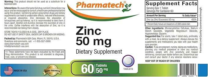 Zinc 50 mg, Immune Support Supplement, Elemental Zinc Chelated Gluconate, Mineral Antioxidant for Man and Woman Health, Acne, Easy to Swallow, 60 Tablets