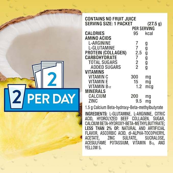 Juven Therapeutic Nutrition Drink Powder Including Collagen Peptides, Amino Acids, and HMB for Wound Healing Support, Pineapple Coconut, 48 Packets