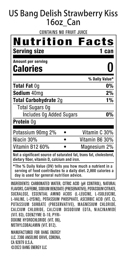 Bang Energy Delish Strawberry Kiss, Sugar-Free Energy Drink, 16 Fl Oz (Pack of 12)