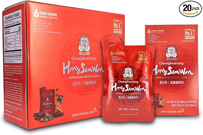 HongSamWon Korean Red Ginseng Drink | Energy Drink, Pre Workout, Herbal Tea, Ginseng Supplement | Korean Red Ginseng Extract, Jujube, Ginger, Cinnamon, Goji Berry | Vegan Friendly | 20 Count